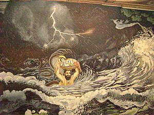 Infant Krishna-carried by Vasudev-acroos the Yamuna.JPG
